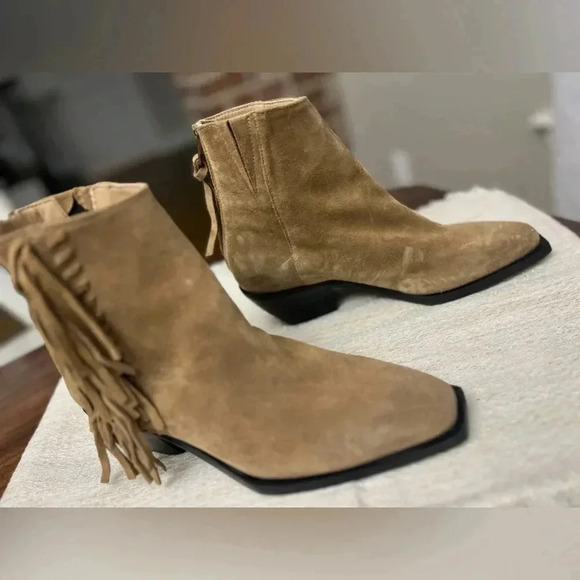 All Saints Layla Fringe Boot Coanac Tan Suede Size 37 US 7 Bootie Preppy NWOB - Picture 6 of 15